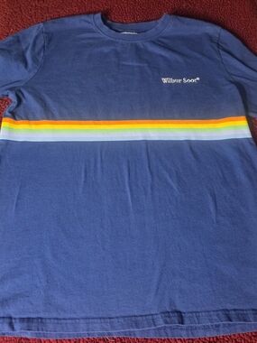 Wilbur Soot Men’s Navy Long Sleeve Tee with Rainbow Stripe